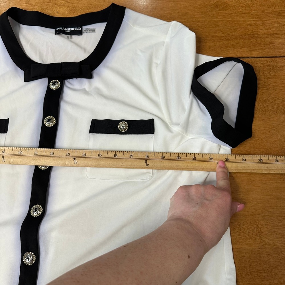 Karl Lagerfeld Paris Blouse Women's XL Black White‎ Button Embellished Old Money - Picture 4 of 11